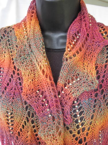 Flames of Fall beaded lace knitting stole in Crystal Palace Sausalito and Miyuki glass beads