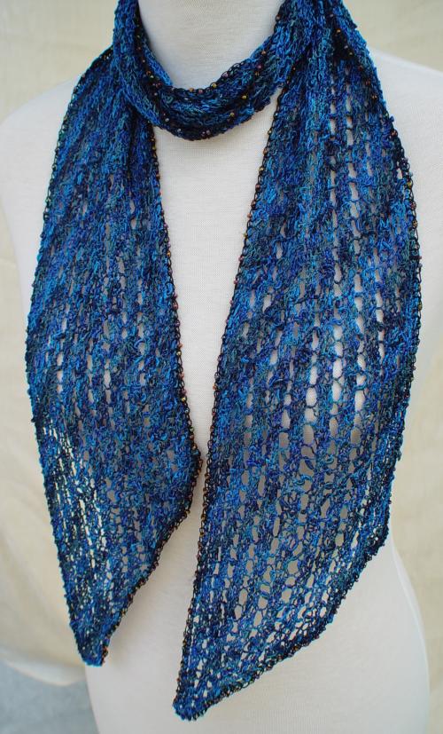A Beaded Bias Towards Lace Scarf knitted in Blueberry Hill dyed by Margaret Pittman