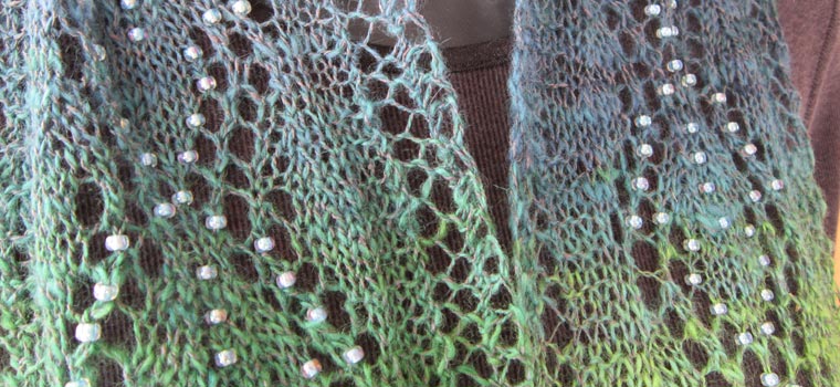 Spring Raindrops beaded lace scarf in handspun yarn