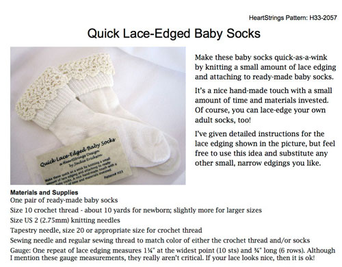 Quick Lace-Edged Baby Socks pattern data sheet